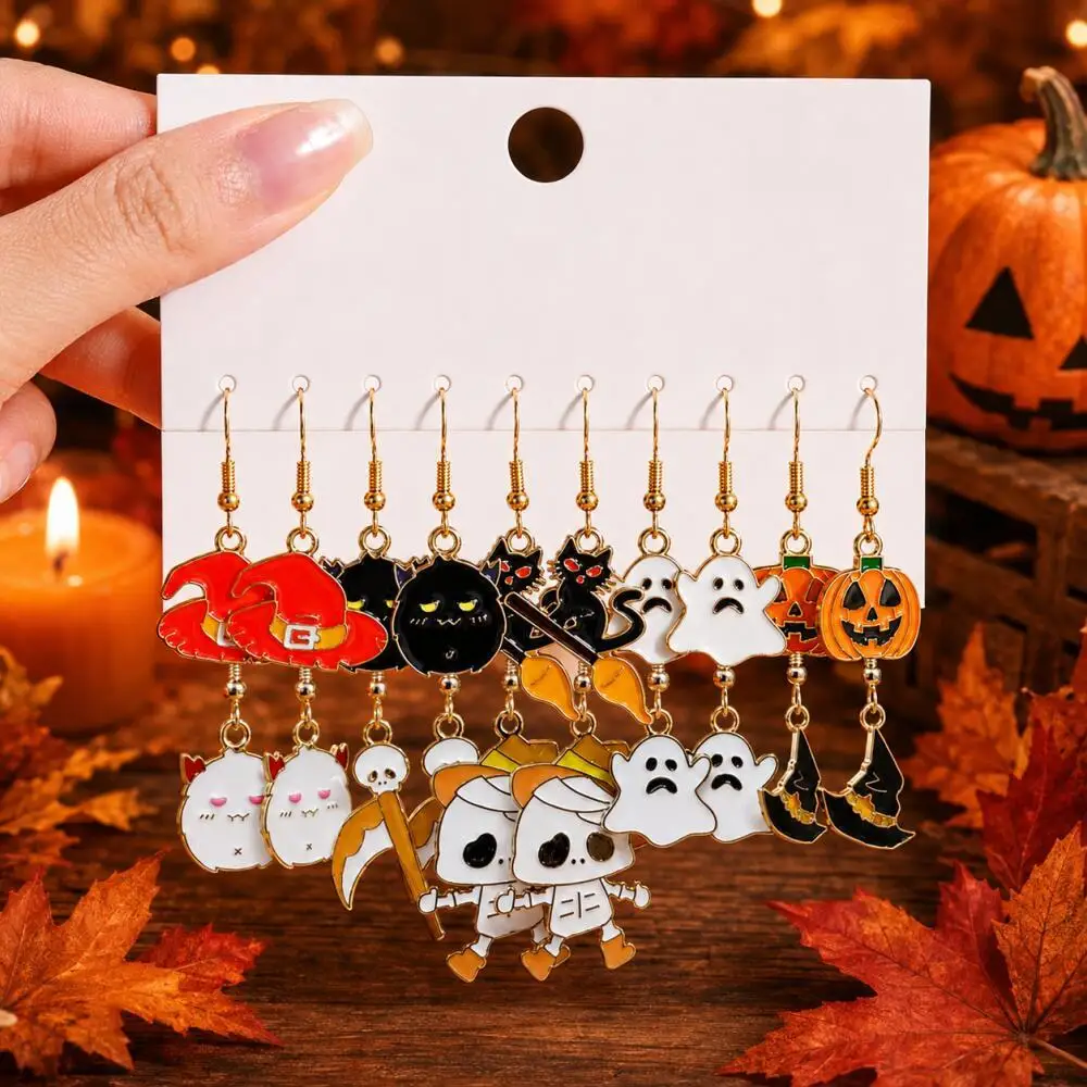 10 Pairs Halloween Enamel Dangle Earrings Ghost Pumpkin Black Cat Mummy Scythe Cosplay Holiday Party Jewelry Gift