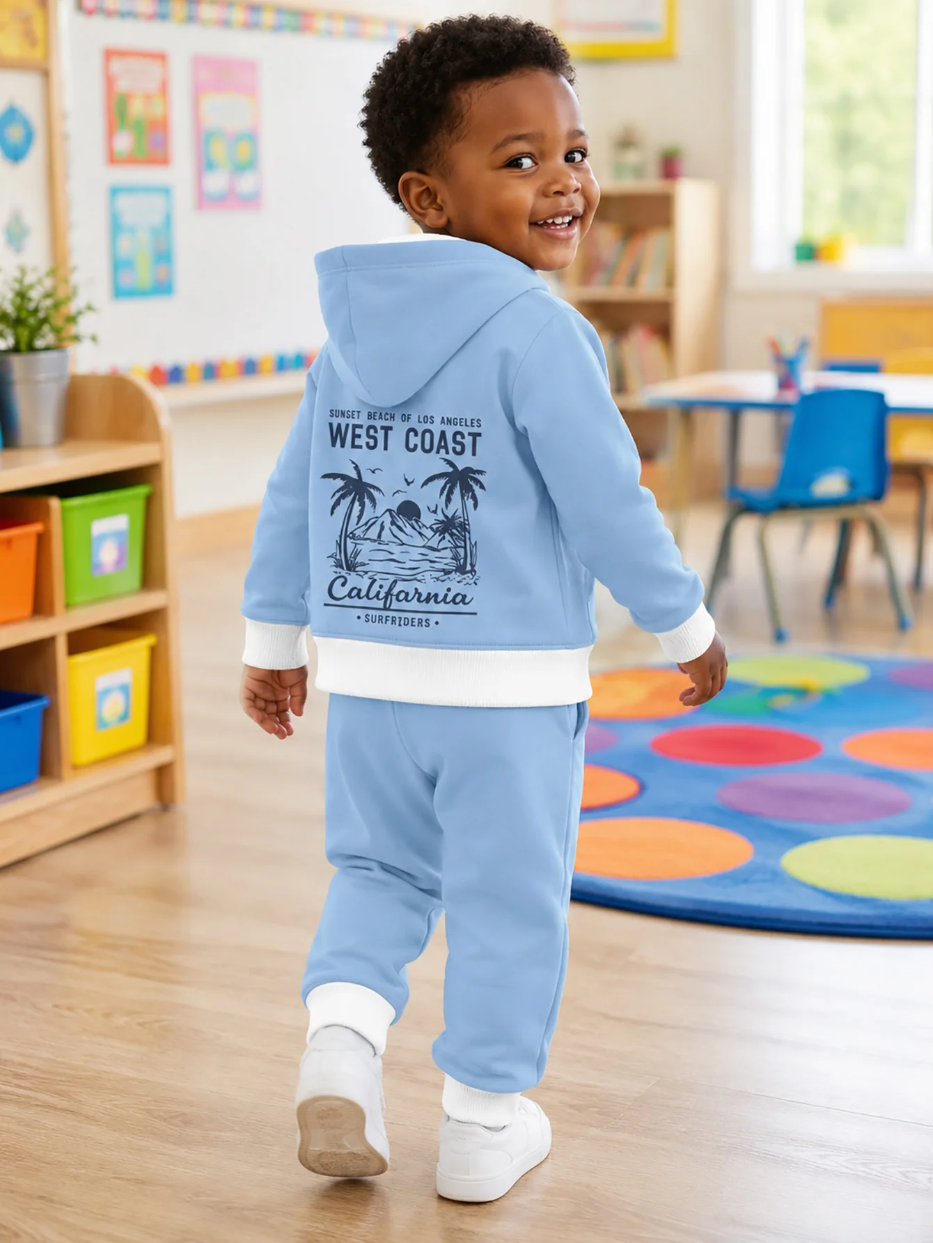 Hooded Zip Up Loose Sweatshirt Pants Set American Retro Print Light Blue Long Sleeve Crew Neck Loose Fit Boys Fall Winter New St