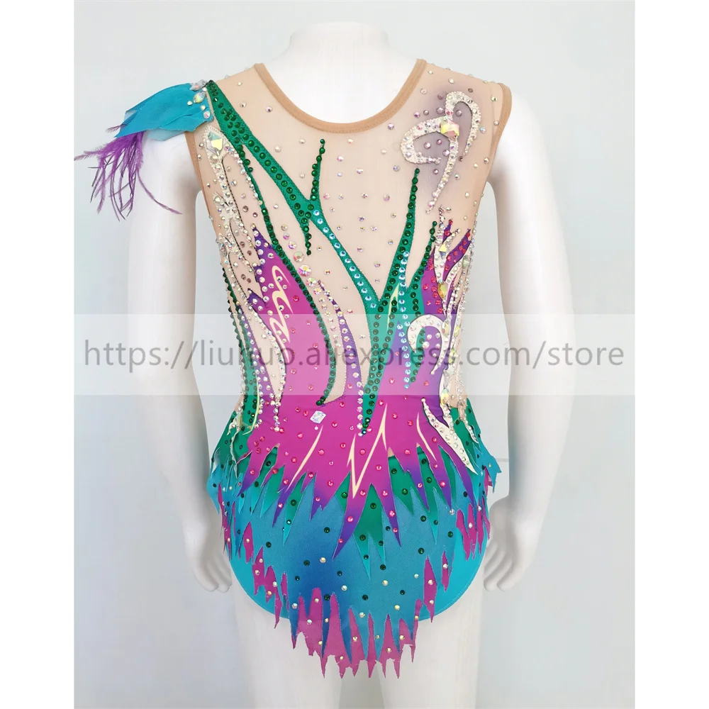 LIUHUO Customize Women Girl Costume Performance Rhythmic Gymnastics Leotards Competition Skating Dress Sleeveless Green Teens