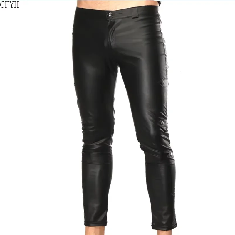 Men's PU Leather Classic Leggings Wet Look Slim Fit Pants Sexy Pouch Seamless Clubwear Tight with Rivets