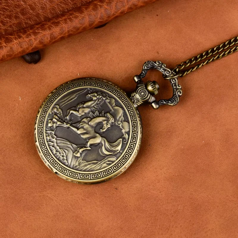 Large bronze pocket watch retro flip two Running horse pocket watch Zodiac Horse quartz watch