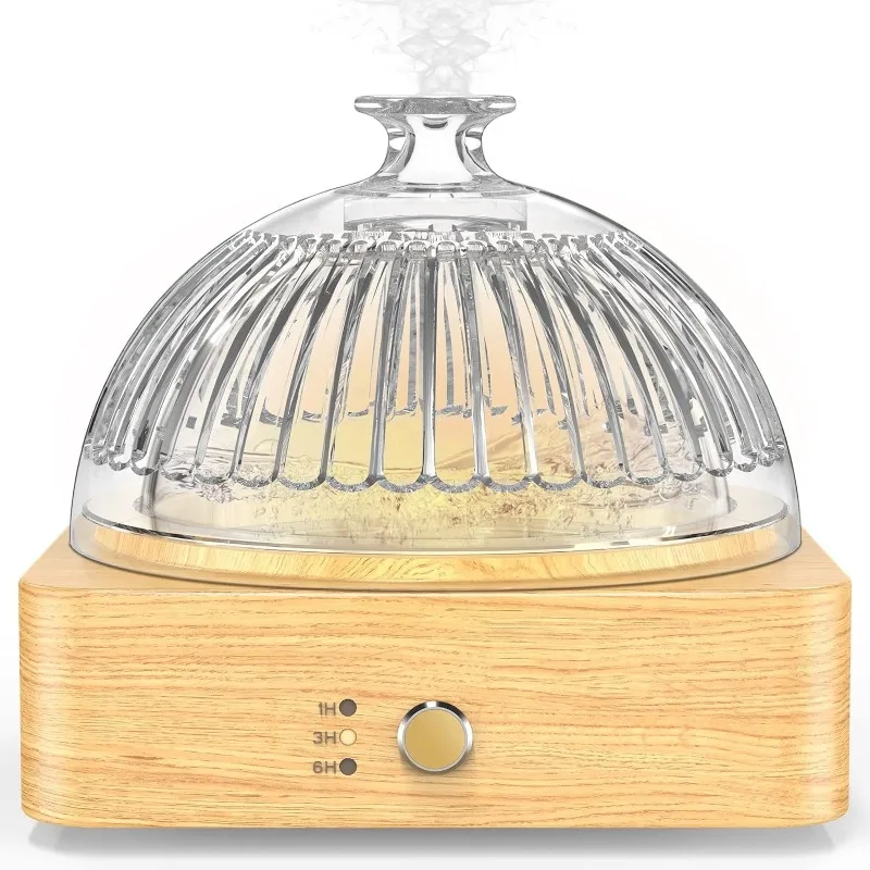 Glass Essential Oil Reservoir Wood Base Auto-Off Timer, Dusk Flame Warm Light Dome Air Diffuser for Home