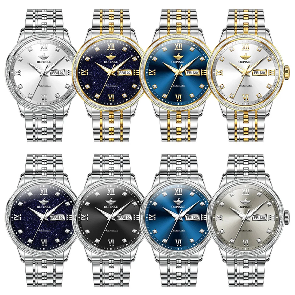 OUPINKE 3258 Automatic Watch High-end Japan Mechanical Movement Luxury Diamond Watch Men's Dual Calendar Display Men's Watch