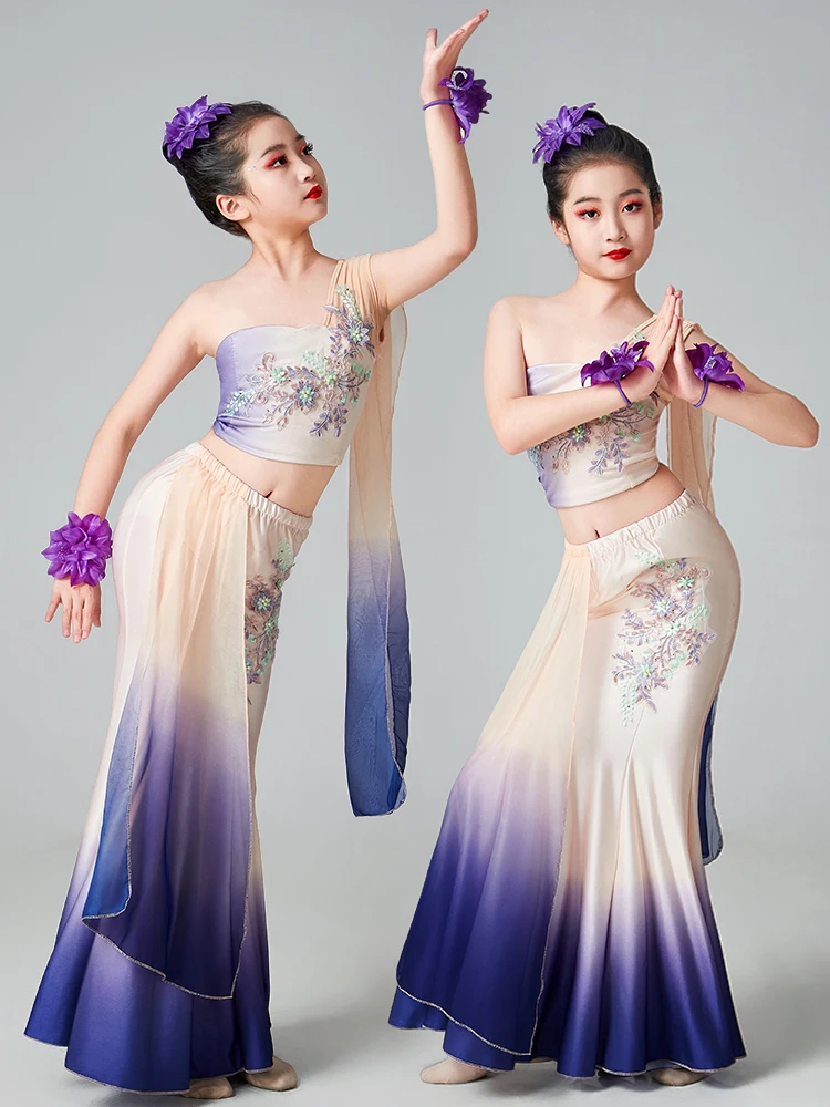 

Костюм для выступлений в этническом стиле Дай для девочек, градиентная юбка, одежда для детских фестивалей, традиционная одежда для девочек-подростков