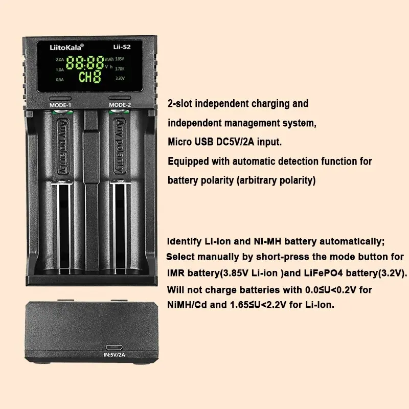 LiitoKala Lii-S2 Battery Charger Auto-polarity Detection For 18650 26650 16340 18350 10400 14500 AA AAA Li-ion Batteries