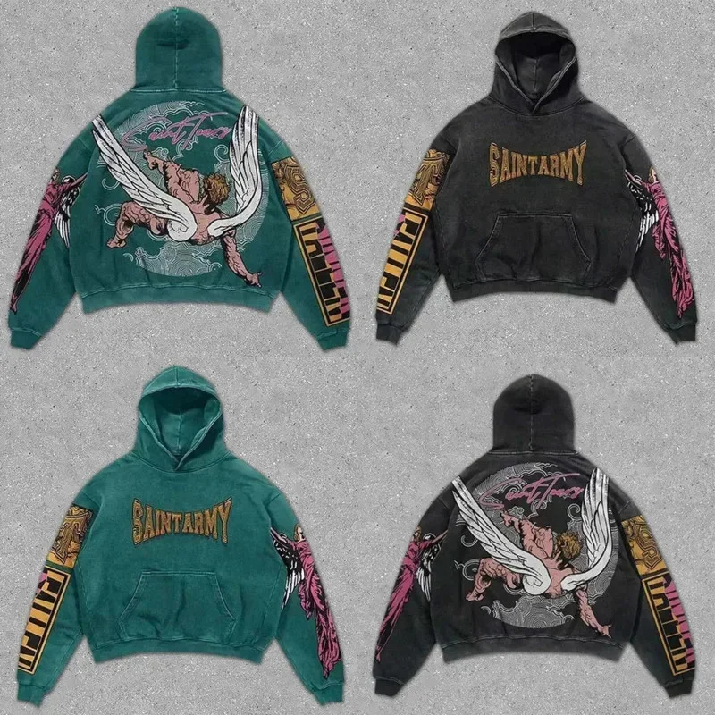

3D Printed Y2K Hoodies Punk Angeling Men Autumn Winter America Retro Printed Trend Thin Fit Pullover Women Hoodie Couple New