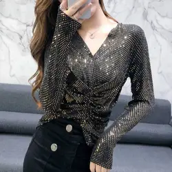 Korean New Fashion Tight Women Tops and Blouses Long Sleeve Bright Sequins Sexy Clothes Backing Slim Women Shirts