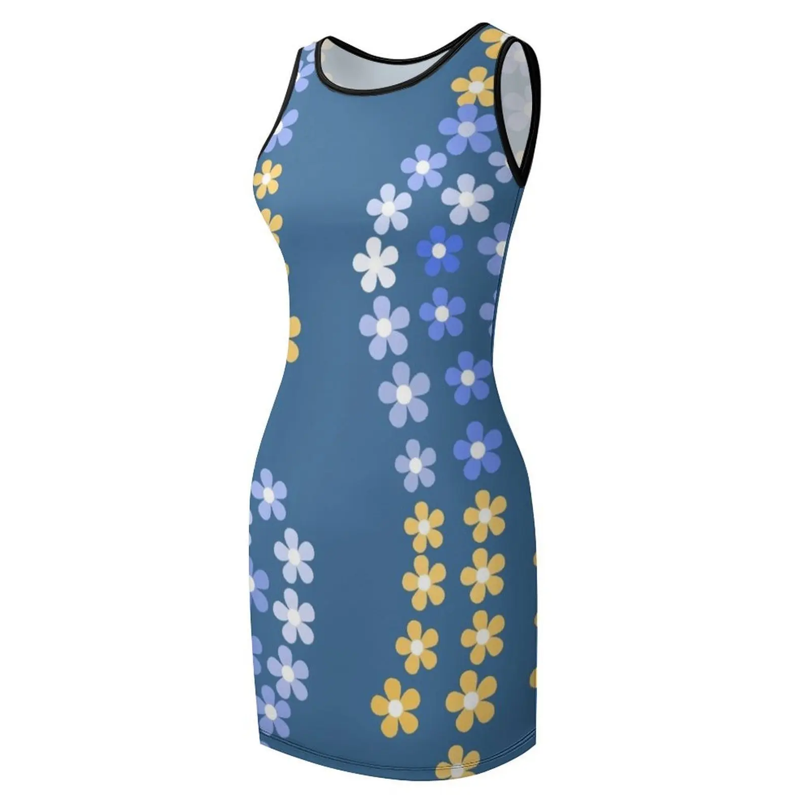 เสื้อยืดลายดอกไม้สีเหลือง-น้ำเงิน เดรสแขนกุด ชุดเดรสผู้หญิง หรูหราสง่างาม ชุดเดรสฤดูร้อนของผู้หญิง ชุดราตรี หรูหรา 2025