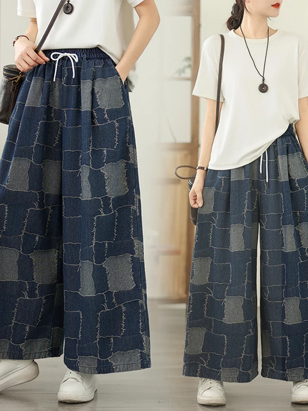 

Женские джинсы винтажного стиля, большие размеры, с высокой талией, широкие штанины, повседневные, универсальные, с цветочной вышивкой, без этикетки, синие