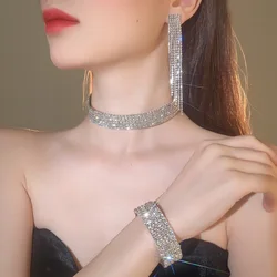 3 Pcs Women Rhinestone Jewelry Set Rhinestone Tassel Choker Necklace Fringe Bracelet Dangling Earring for Wedding Bridal Party