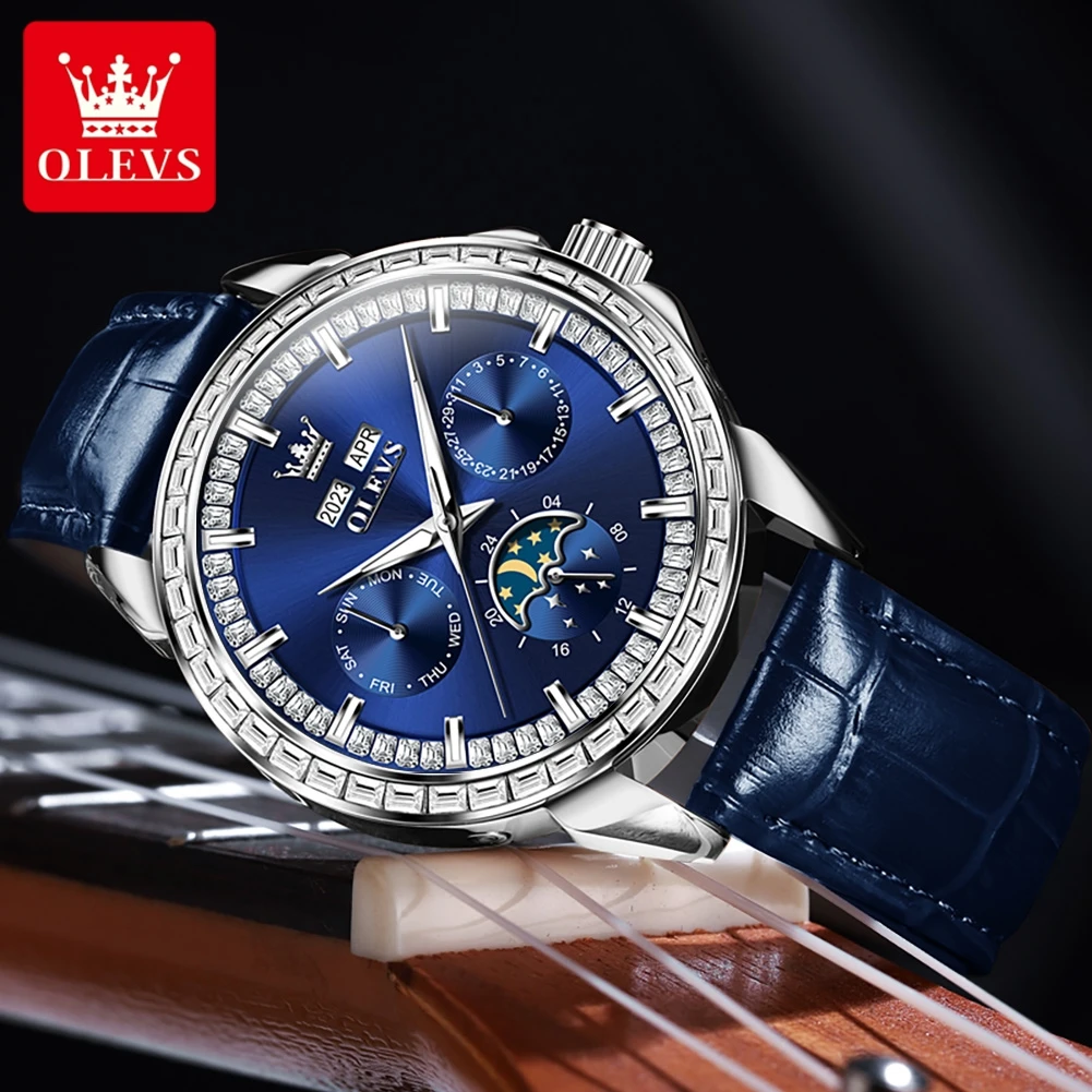 OLEVS 6695 NEW Men\'s Watches Full Diamond Multifunctional Dial Blue Leather Strap Calendar Week Moon Phase Waterproof Wristwatch