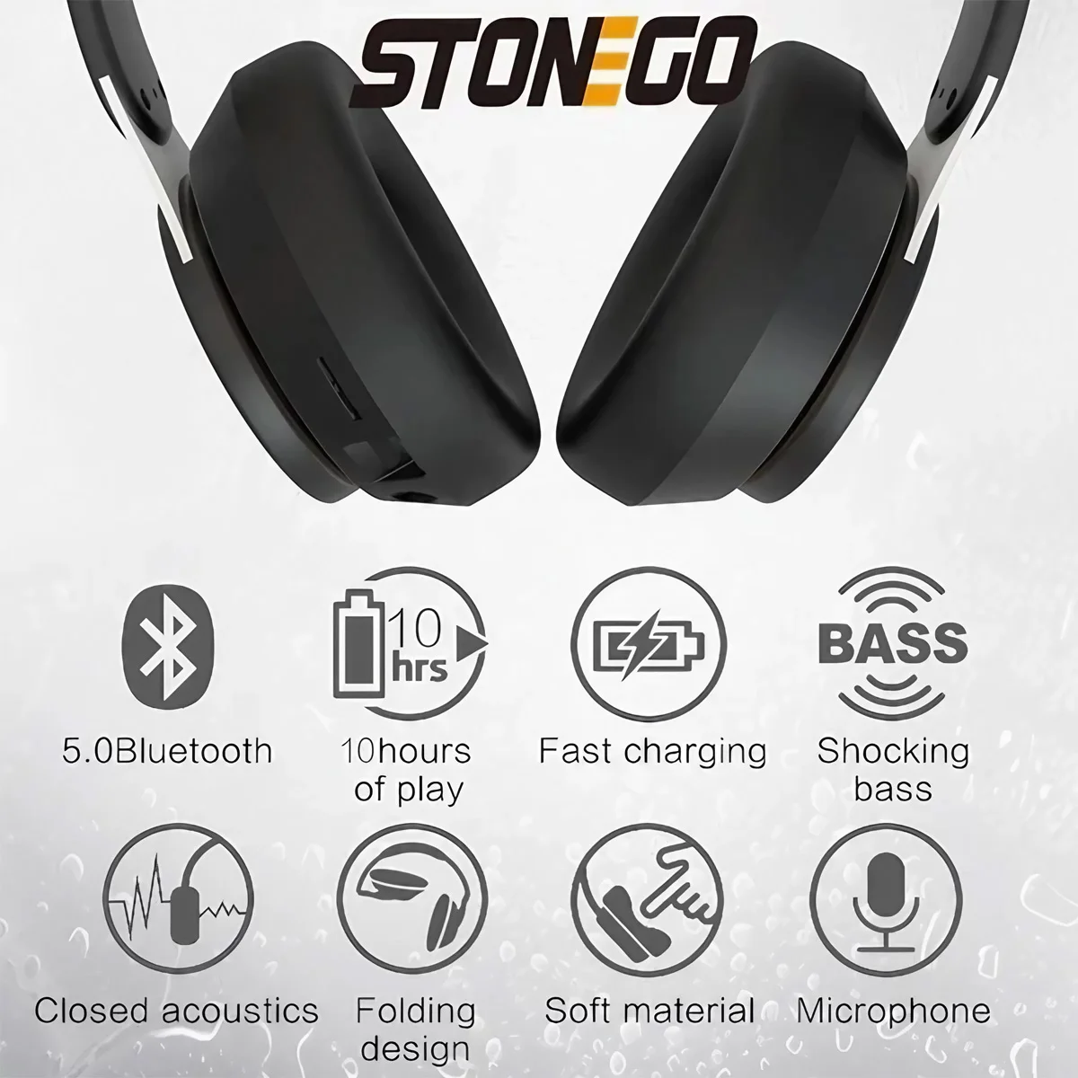 STONEGO Hifi Bluetooth Foldable Headset - Deep Bass Sound, HD Microphone, PU Leather Earmuffs, Noise Cancelling