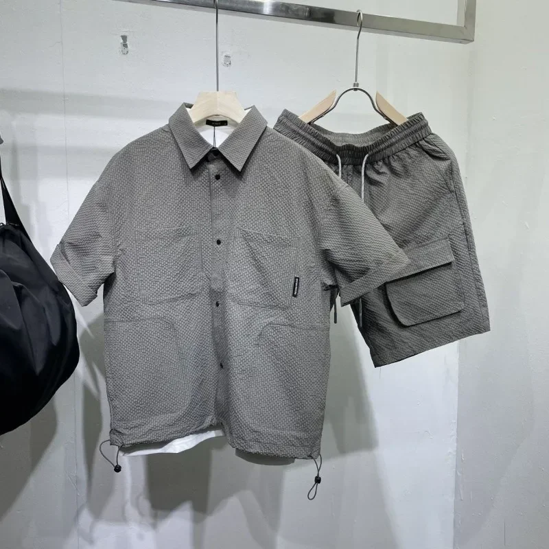 Chemise à revers à simple boutonnage et short à poches pour hommes, ensembles à manches courtes, monochromatique, haute qualité, sports décontractés, été