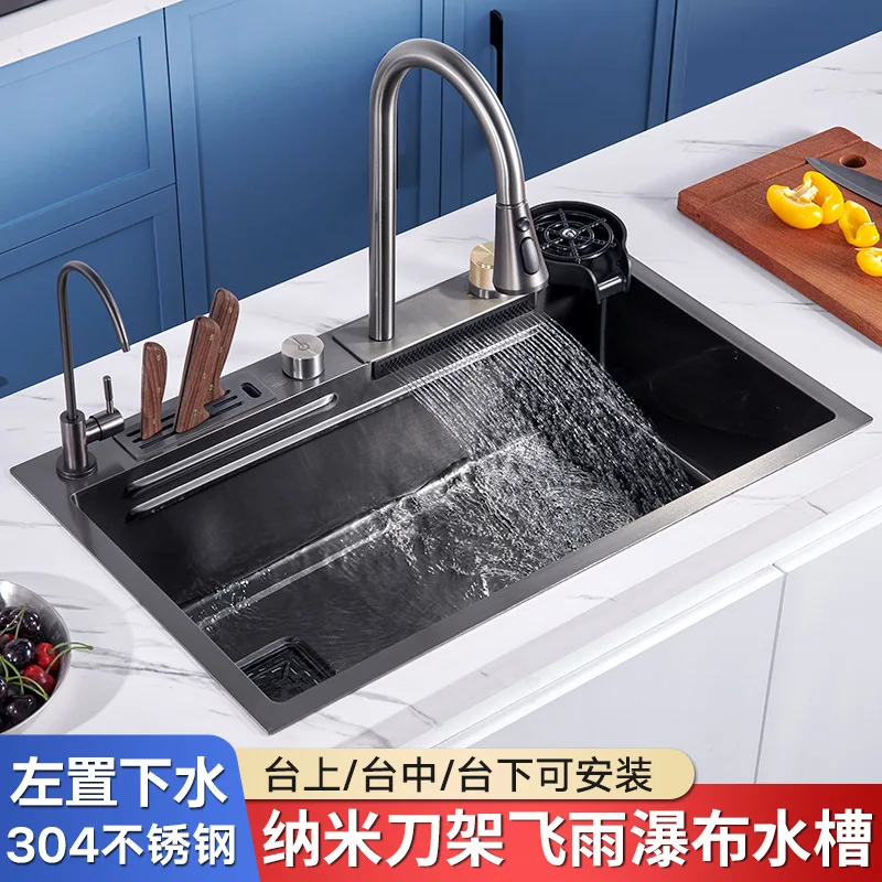 

Kitchen large single slot left lower drainage knife holder waterfall rain faucet 304 stainless steel vegetable basin sink set