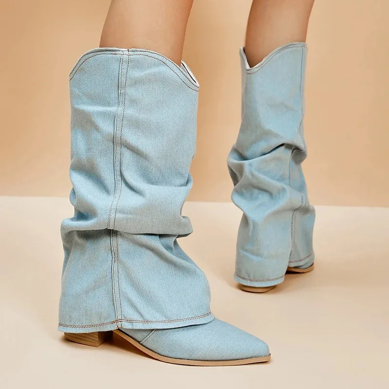 Pleated Knee High Boots for Women Pointed Toe Square Heels Cowboy Boots Woman Autumn Winter Denim Long Booties De Mujer