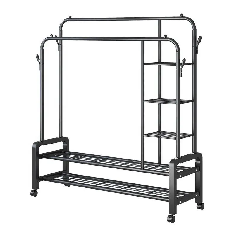 

standing Metal Black Retail Garment Double Rod Boutique Display Shelves Clothes Racks Stands for Shops Store with Wheelspromote
