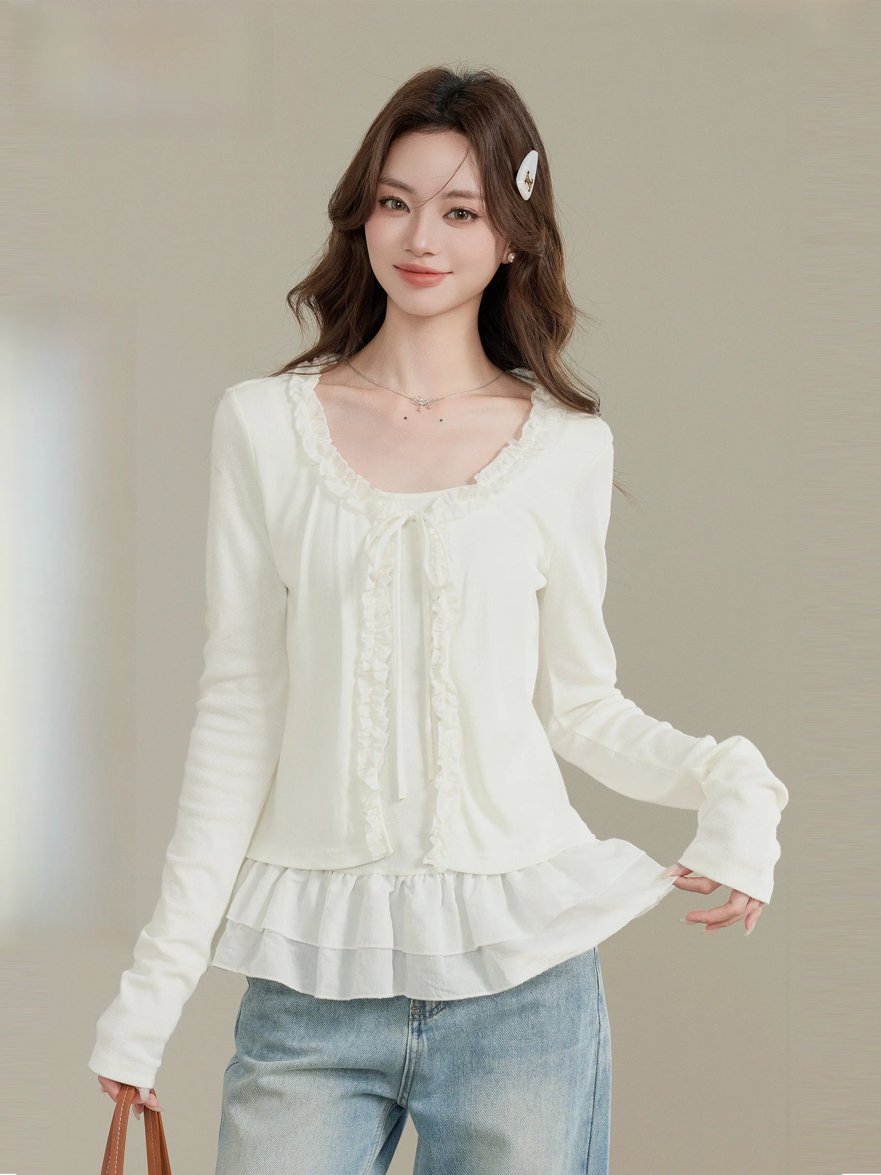 

Ele Long Sve T-irt Women's Fake Two-Piece Hem Splicing ort Size Floral Top Soft Polyester Blend round Ne Bu...