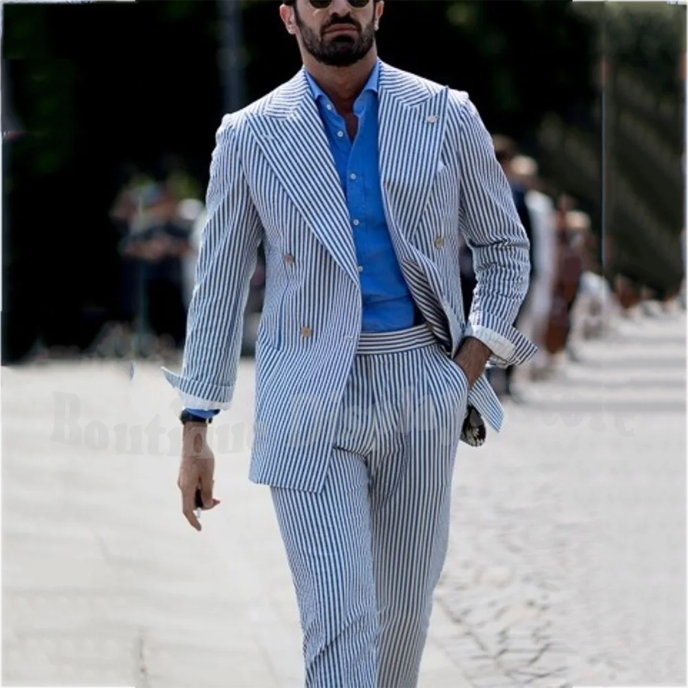 

Новый модный мужской костюм в тонкую полоску с широкими лацканами, двубортный прямой пиджак, брюки, уличный повседневный мужской комплект для выпускного вечера