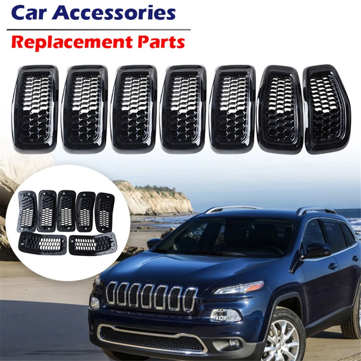 Black Car Front Insert Mesh Grille Decoration Cover Front Radiator Inlet Grill Trim Cover for Jeep Cherokee 2014-2018