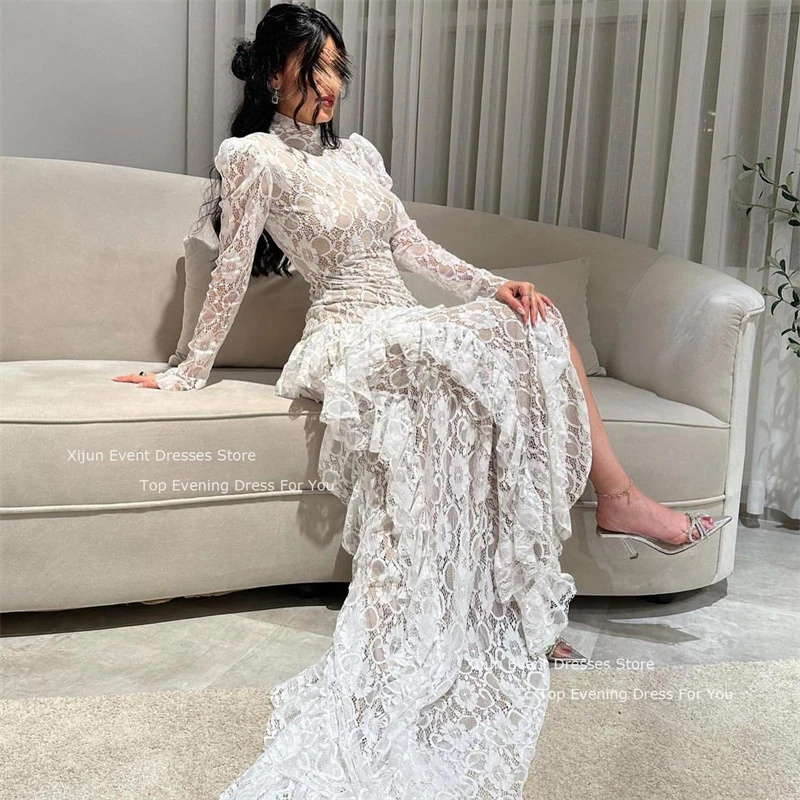 Xijun Elegant Ivory Wedding Dresses Saudi Arabric Lace Flowers A-Line Bridal Gowns Formal Prom Dresses Saudi Arabric Backless