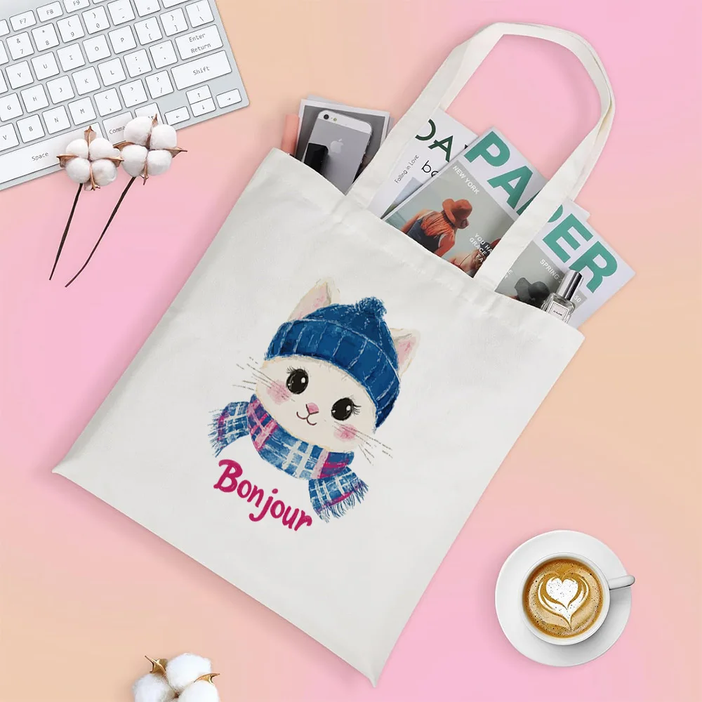 

Cute Doodle Style Cat Print Tote Bag - Black/White Canvas Reusable Shopping Bag, Spacious Storage & Shopping Carryall