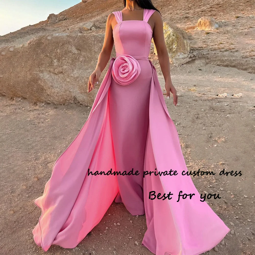 

Pink Mermaid Evening Dresses with Flower Pleats Satin Formal Prom Dress with Train Long Celebrate Party Gowns Lace Up Back