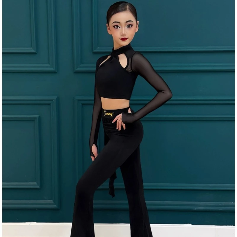 Vêtements de danse Standard National pour filles, vêtements de pratique latine, hauts noirs, pantalons à manches longues, tenues d'entraînement de danse de salle de bal