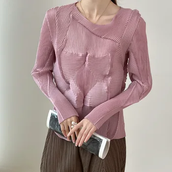 미야케 본선 플라워 버드 시리즈 여성용 긴팔 탑 맞춤 플리츠 플리츠, 패셔너블하고 개인화 