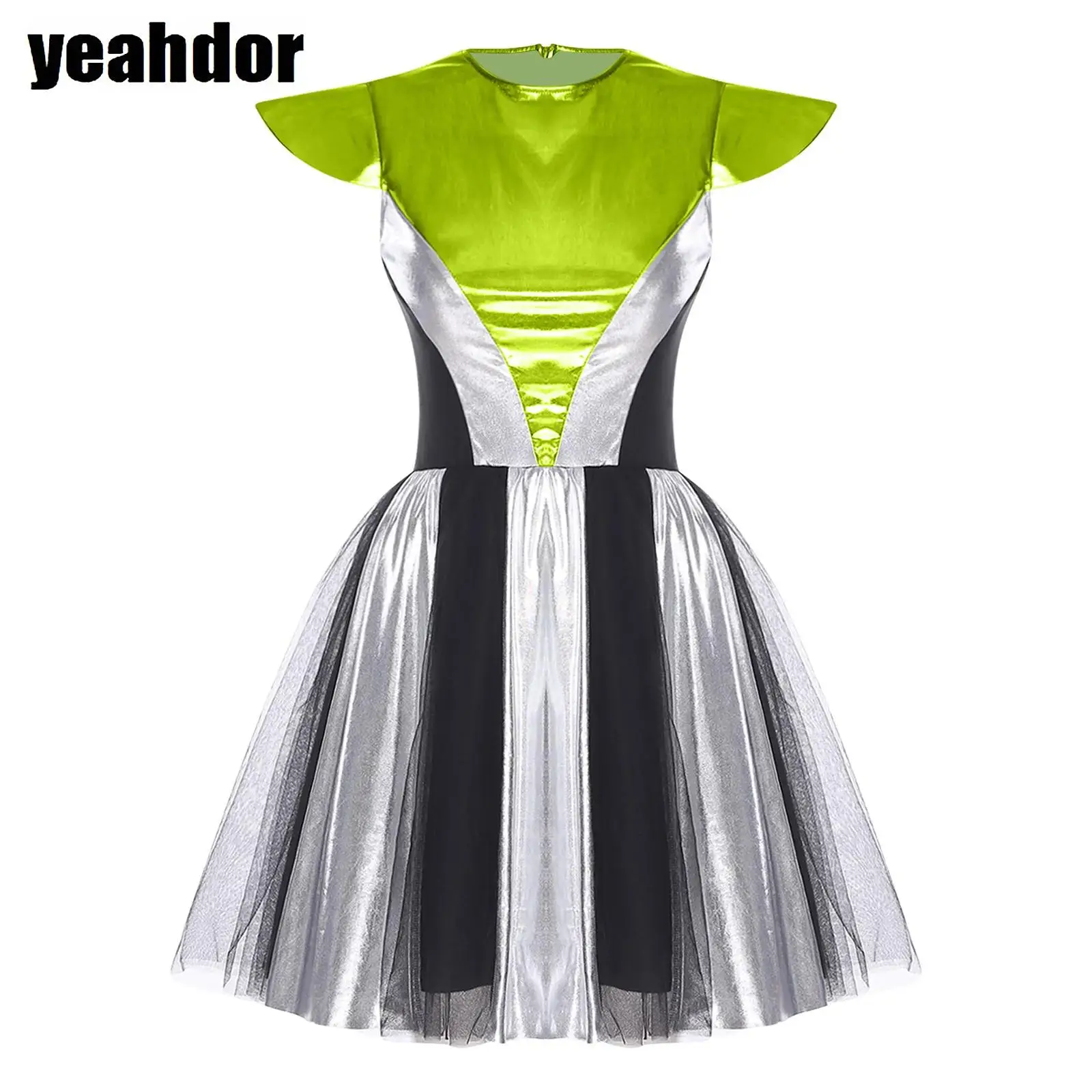 

Women Space Alien Costume Outerspace Astronaut Cosplay Metallic Cap Sleeve Puffy Leotard Tutu Dress for Halloween Carnival Wear