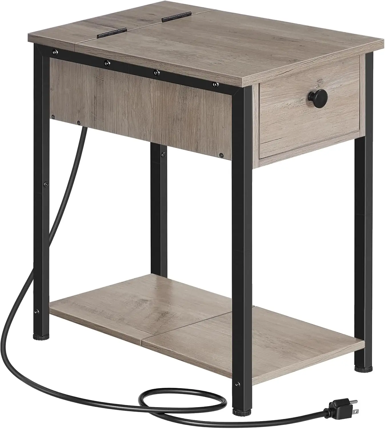 

End Table with Charging Station, Narrow Side Table, Small Nightstand, Bedside Tables with Drawer and Storage Shelves, for Sma