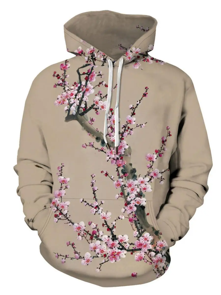신상품 매화 산수 폭포 프린트 후드티 남성용 풀오버 디지털 3D 프린트 스웨트셔츠 봄 캐주얼웨어