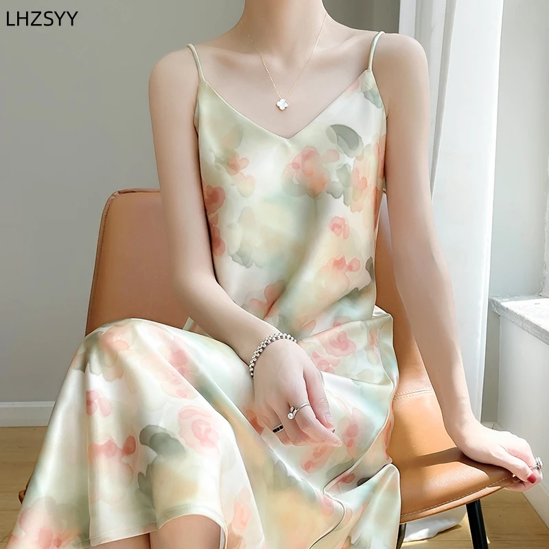 

LHZSYY Thin Silk Satin Suspender Dress Spring Summer Ladies' New Design and Color Sexy Back Sling Long Hip Vest Sleeveless Skirt