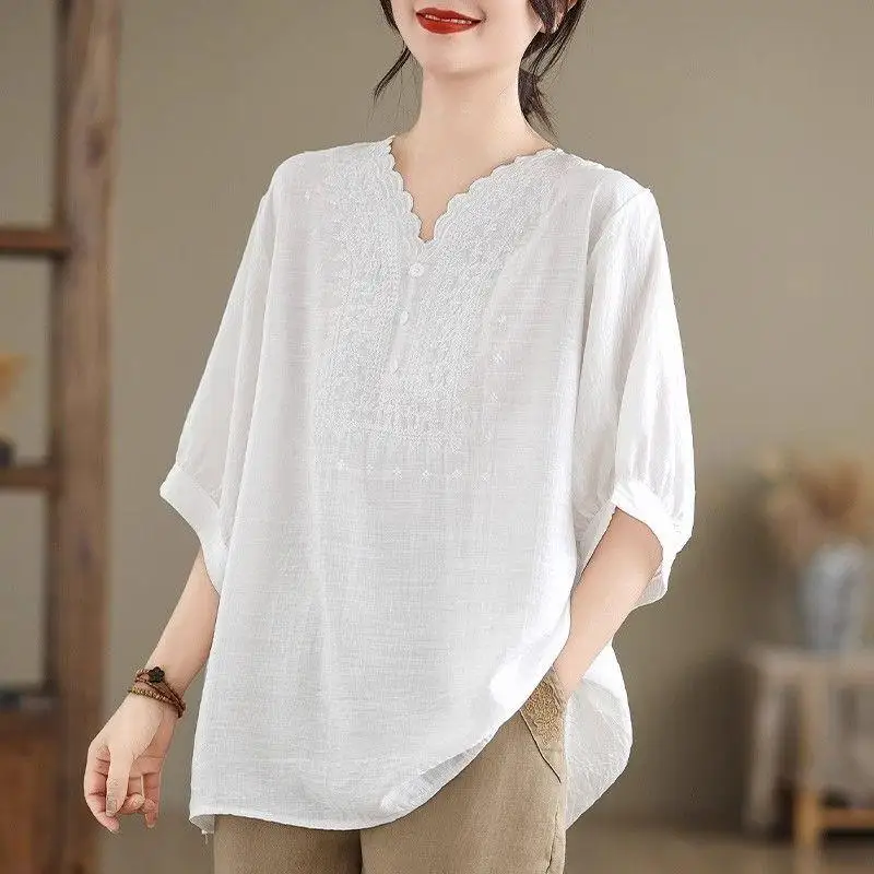 Large Size Women's Cotton irt Tee-Quarter Sve Princ Sle Elastic Fiber Resistant to Deformation Spring 2025 Faion