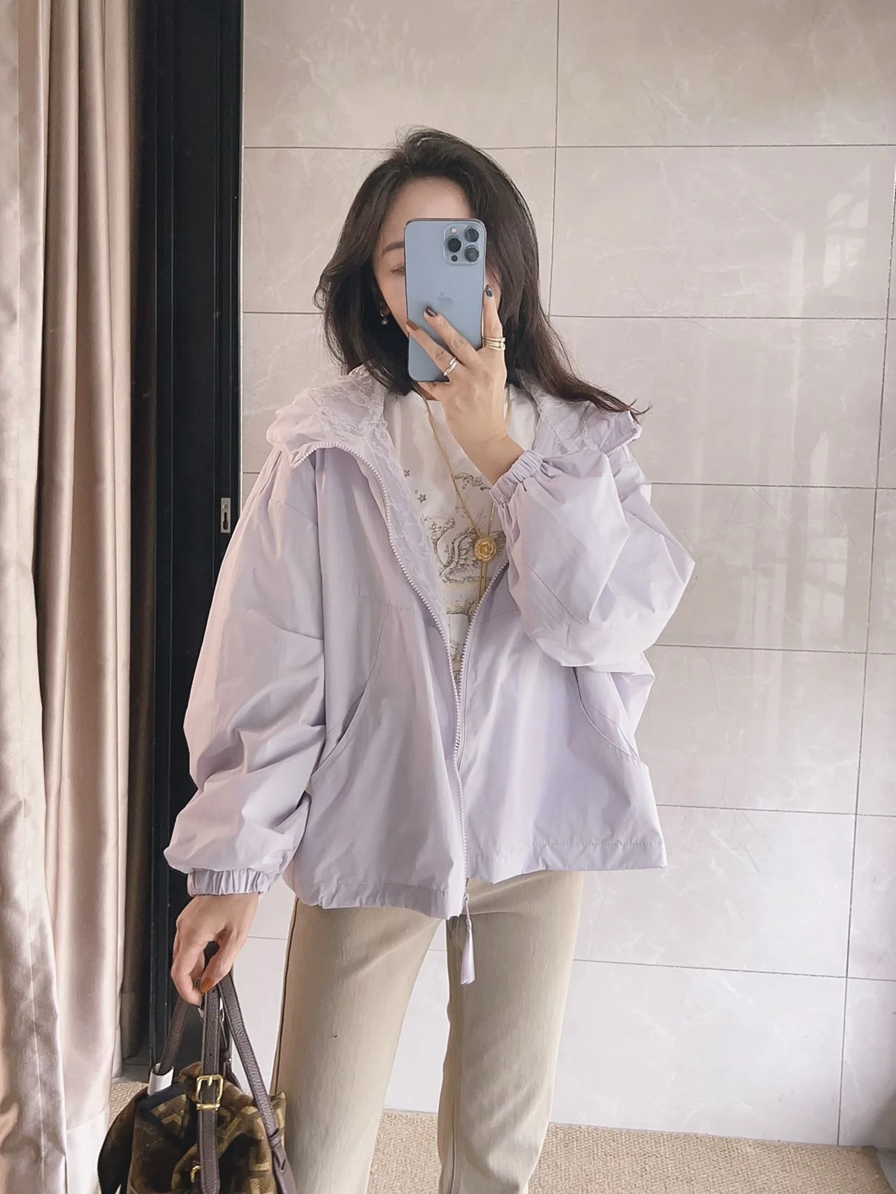 

Princess Barbara Home Simpleist Gentle Colors Lace Hat Lightweight Hooded Windbreaker Jacket Women's Long Sleeve Zipper Polye...
