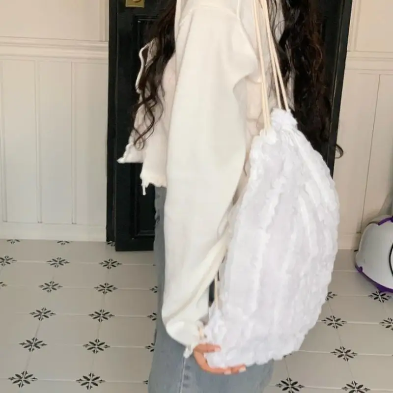 

Lovely Pleated Cloud Backpack Girly Chiffon Lace Drawstring Shoulder Bag Large Capacity Commuter Shoulder Crossbody Bags