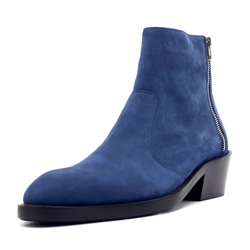 New Heel Boots Nubuck Cowhide High Heels Three Zipper Thick Bottom Height Increase Men's Cowboy Motorcycle Chelsea Ankle Boots