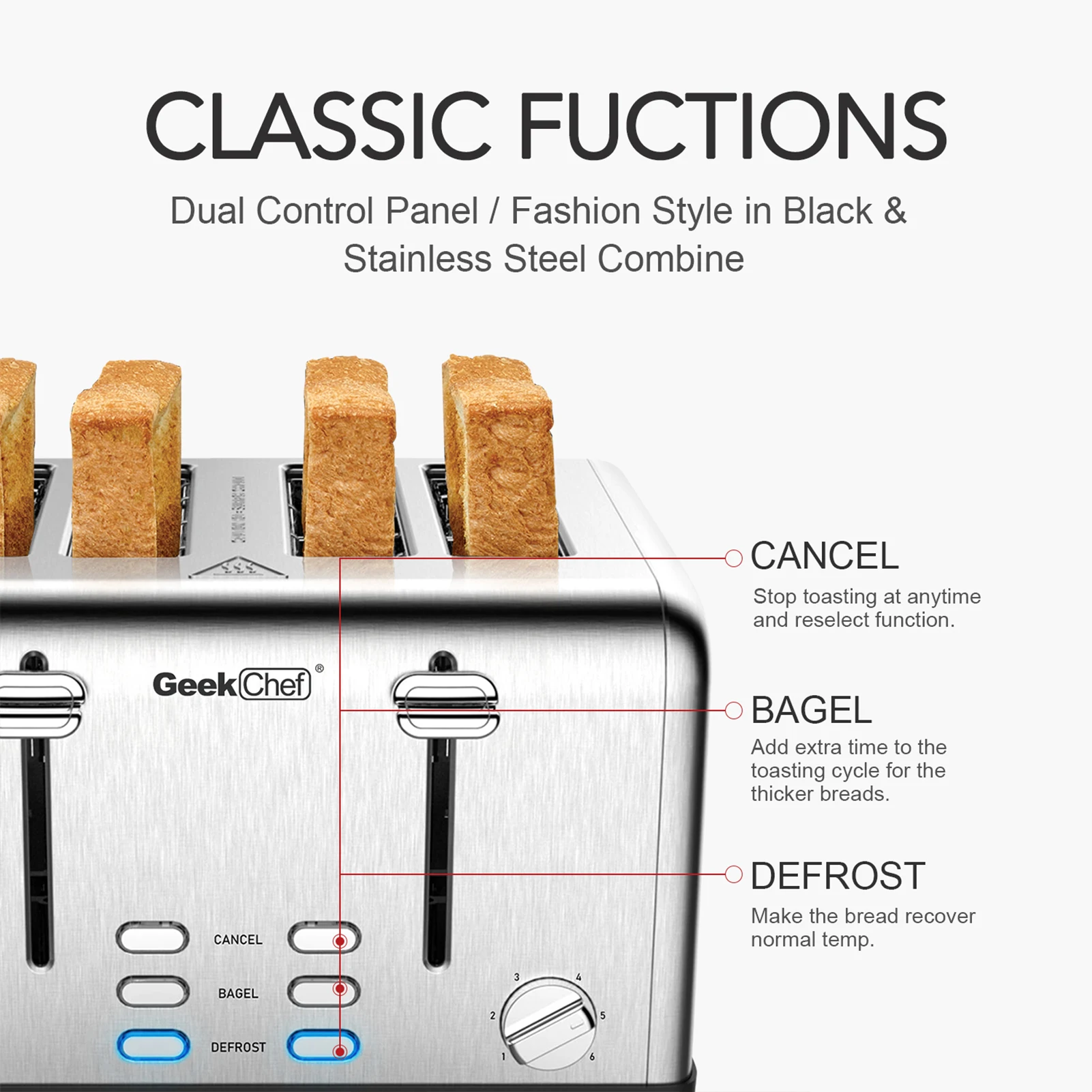 Toaster 4 Slice, Geek Chef Stainless Steel Extra-Wide Slot Toaster with Dual Control Panels of Bagel/Defrost/Cancel Function, 6