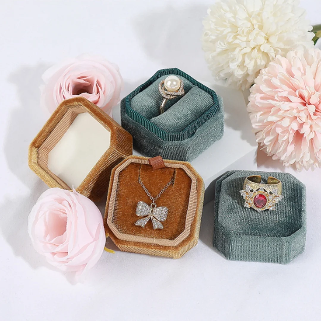 Octagon Sauare Velvet Jewelry Box Single & Double Ring Storage Box With Lid For Wedding Proposal Ring Packaging Display Gift Box