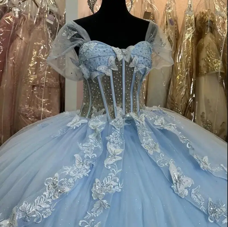 Vestidos de quinceañera azul claro, vestido de baile, fiesta de cumpleaños, vestido de graduación con cordones, cuentas con lazo, Quinceañera de 15 años