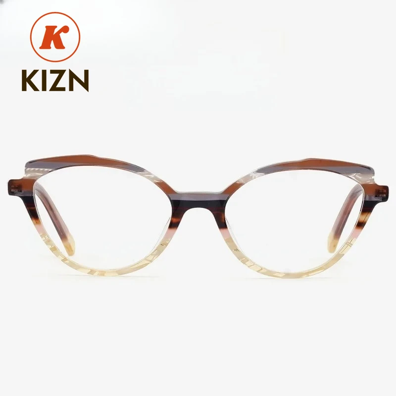 نظارات KIZN للنساء على شكل عين القطة بإطار من الأسيتات نظارات راقية بشريط بني نظارات طبية بصرية للسيدات #2