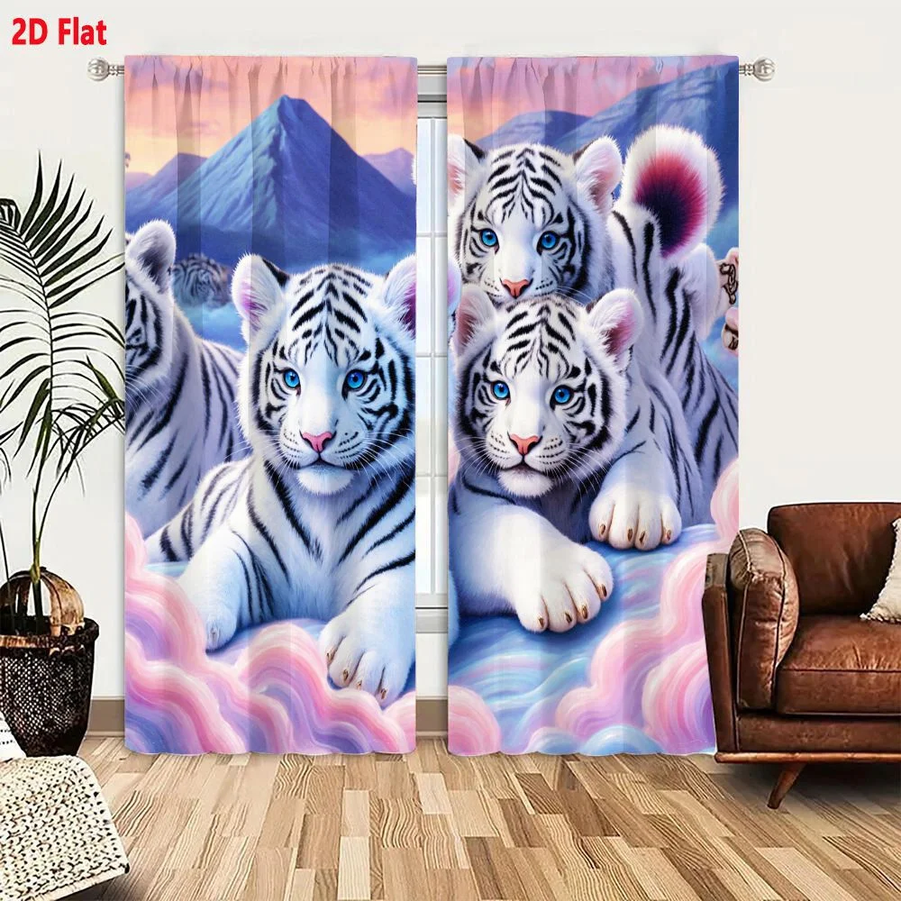 2Pcs Curtains 2D Flat Dreamy Pastel White Tigers With Black Stripes Bright Blue Eyes Pink Noses Inner Ears Purple Tail Tip Lying
