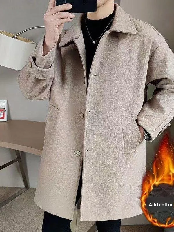 

Утепленное хлопковое шерстяное пальто мужское повседневное средней длины, зимняя теплая верхняя одежда, молодежная ветровка в деловом стиле