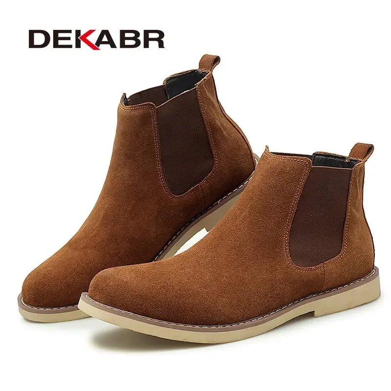 DEKABR Shoes Men Chelsea Boots Cow Suede Fashion Warm Snow Boots Motorcycle Ankle Boots Vintage Style Slip on Casual Shoes