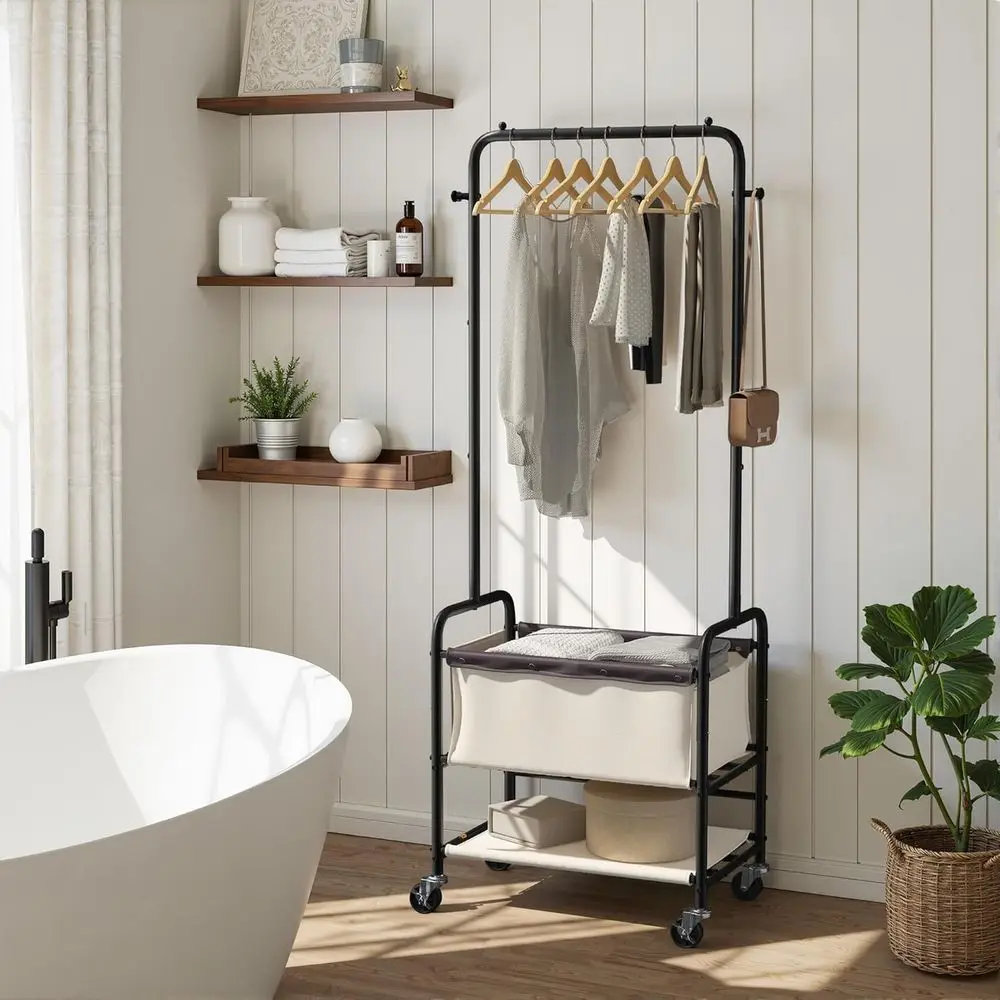 عربة غسيل دوارة باللون البيج مع قضيب تعليق وسلة تخزين للفرز #6