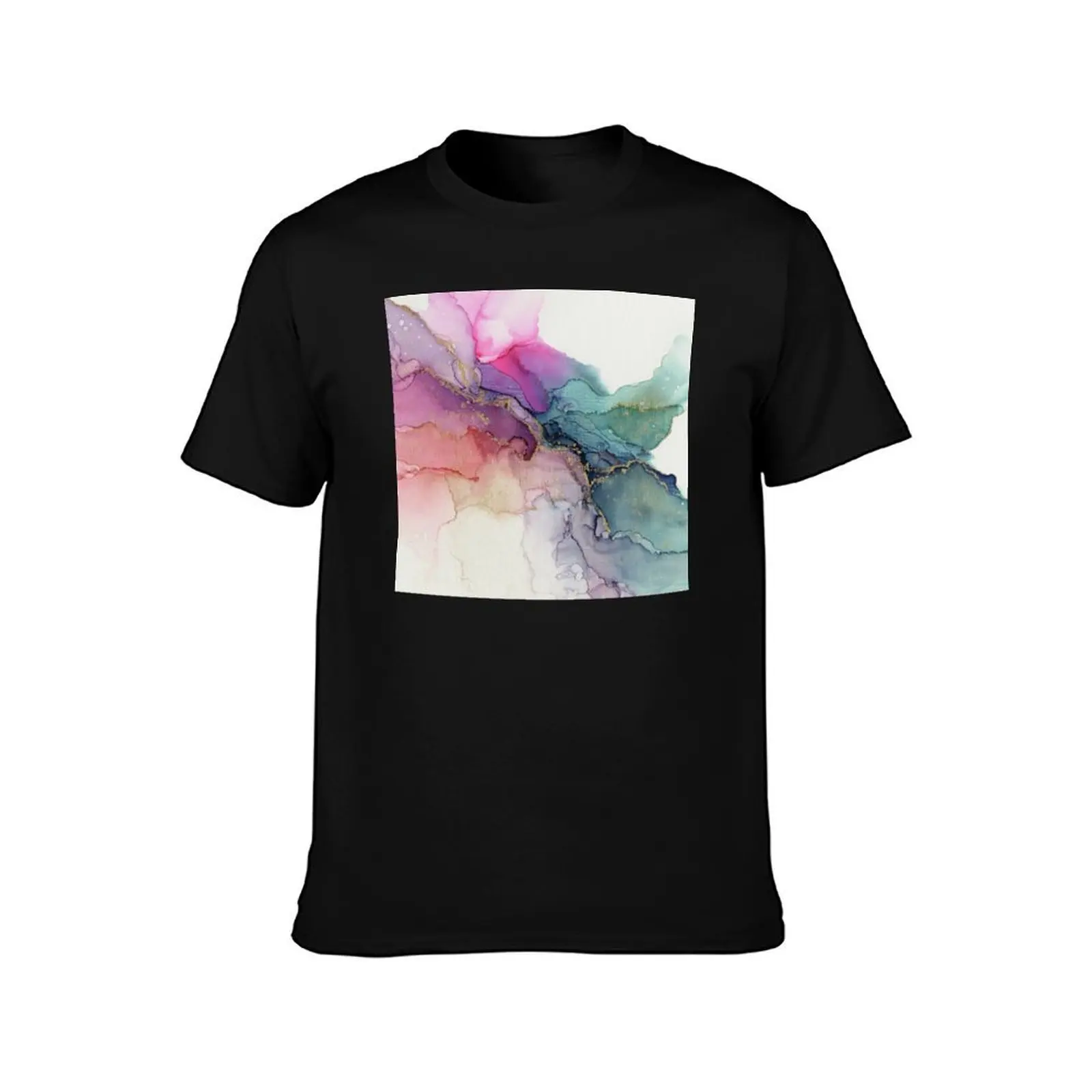 Abstract Coral Turquoise Gold Ink Painting on Canvas T-Shirt Big Size Short Sleeve Casual Top