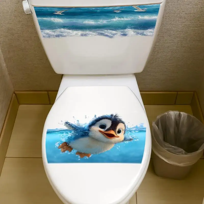 【S】Cute Swimming Penguin Ocean Wave Toilet Lid & Tank Self Adhesive Sticker Waterproof Bathroom Decor Decal