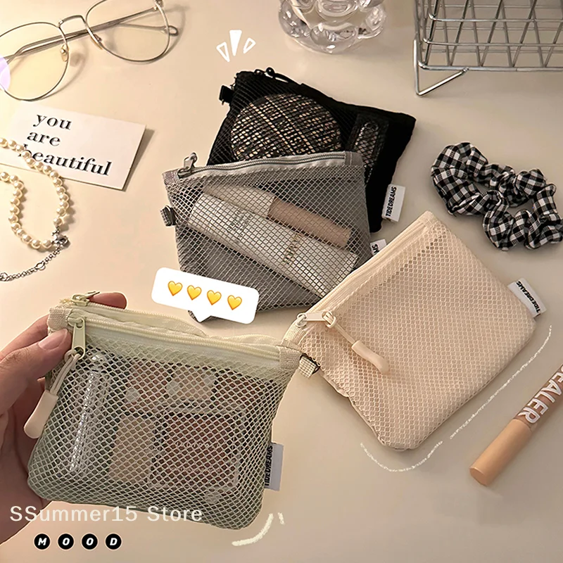Travel Makeup Storage Bags New Mesh Coin Purse Simple Portable Mini Bag Multi-purpose Square Bag Double-layer Zipper Card Holder