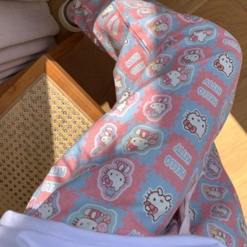 Sanrio Hello Kitty Pajama Pink Cartoon Pants Women'S Spring Summer Trousers Walk Pants Loose Home Pajamas Versatile Home Pants