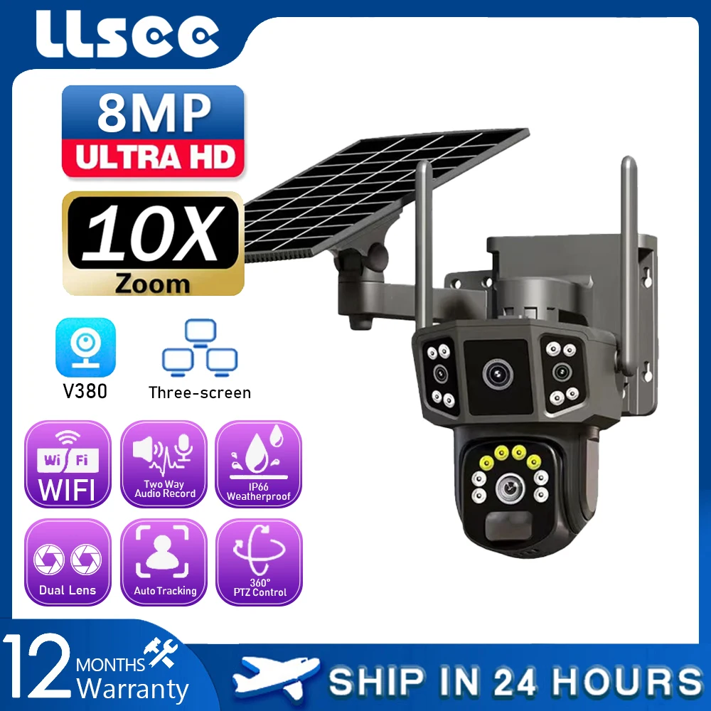 LLSEE 10X,V380,4K dual lens,outdoor security network camera,4G sim solar camera,wireless WIFI solar closed-circuit television