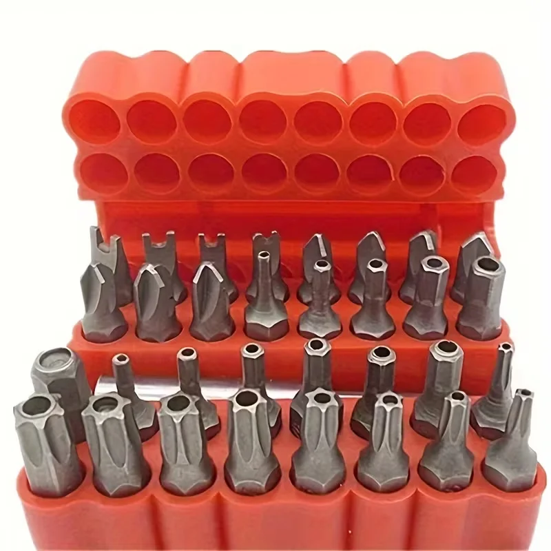 Conjunto de 33 Peças de Pontas Magnéticas de Segurança para Parafusadeira 1/4" (6,35mm) Torx Hexagonal Estrela com Suporte Elétrico para Parafusamento
